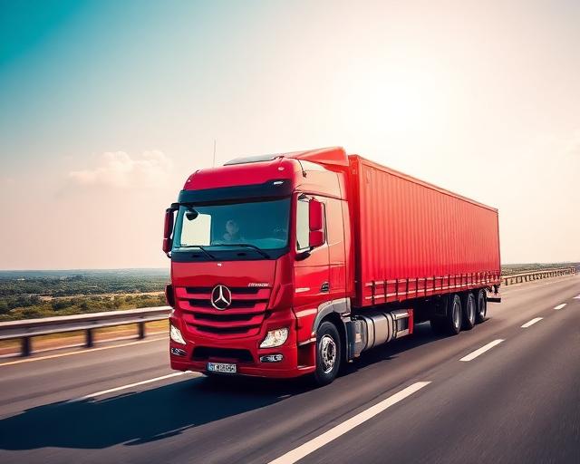 Red freight truck on highway